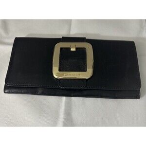 MICHAEL KORS Sutton Black Leather Clutch Gold Buckle Handbag Evening Bag New!